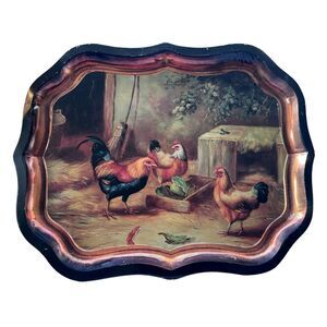 Vintage Toleware Keller Charles Tray Roosters Chickens Farmhouse England Green